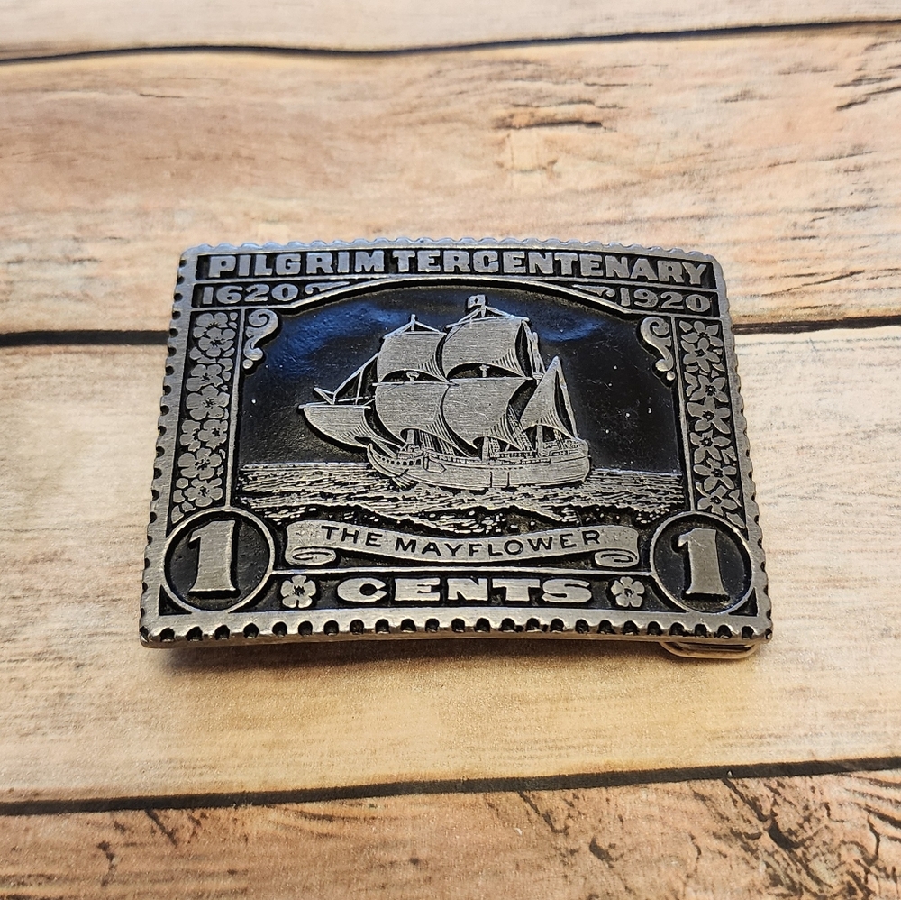 Vintage Pilgrim Tercentenary The Mayflower Stamp Pewter Belt Buckle